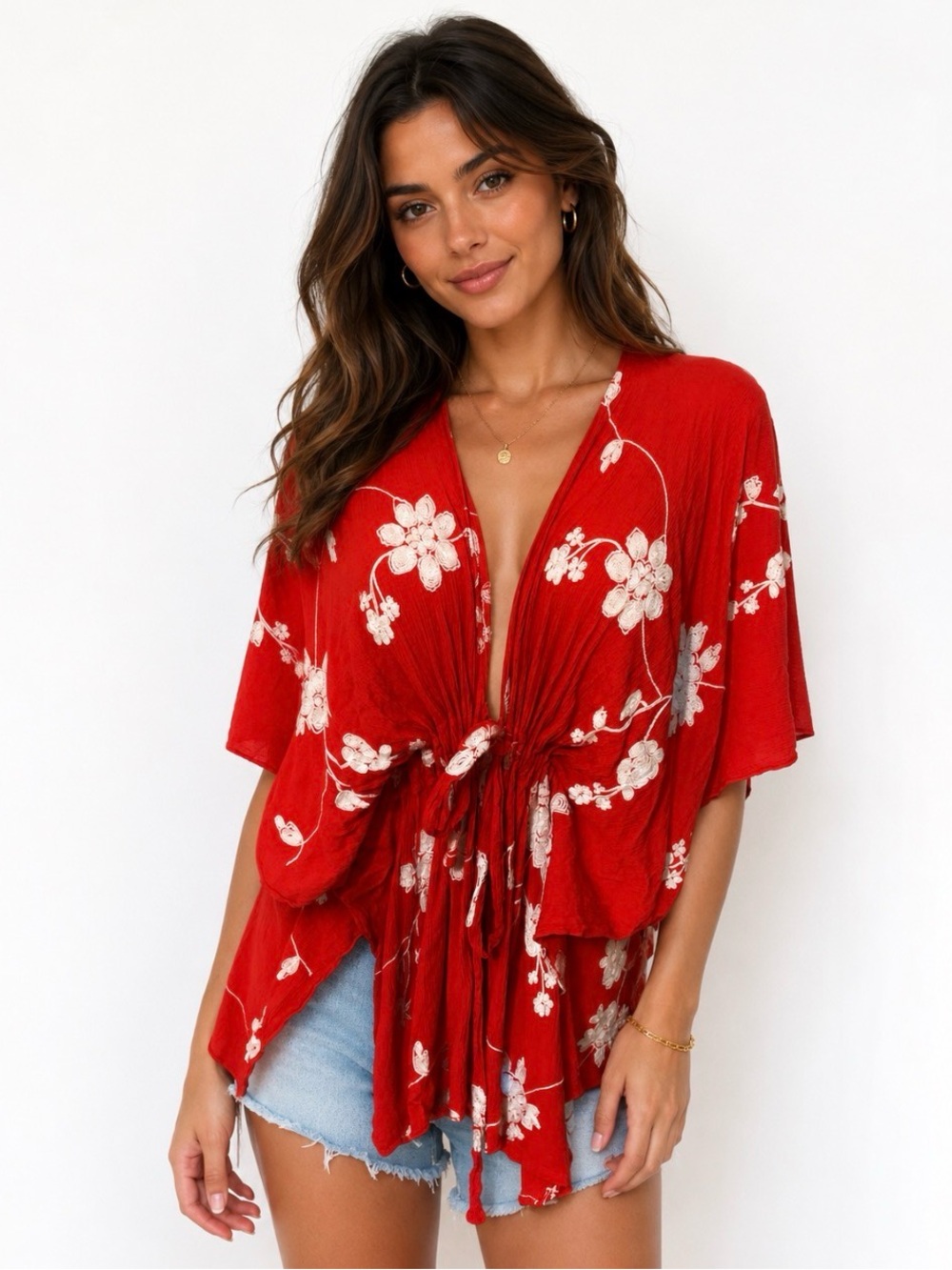 Umgee Floral Embroidered Kimono Tie Front Boho Cover Up Top One Size